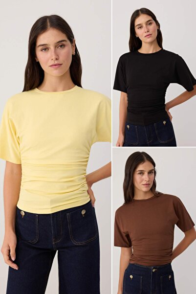 Trendyol Collection 3 Pack Coffee-Light Yellow-Black Plain Fitted Shirred Cot...