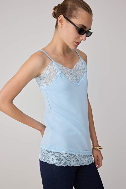 Trendyol Collection Light Blue Plain Regular V-Neck Thin Strap Sleeveless Lac...