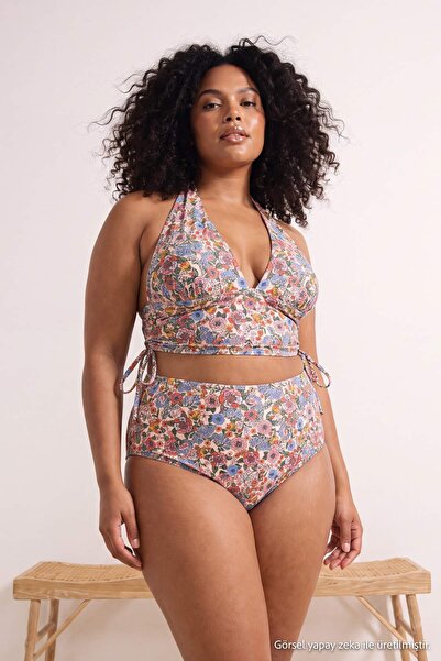 Trendyol Curve Floral Patterned Triangle Covered Draped Adjustable High Waist...