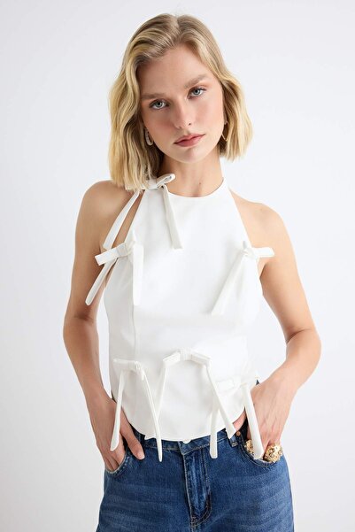 Trendyol Collection White Bow Detail Open Back Woven Blouse Tprss26Bz00046