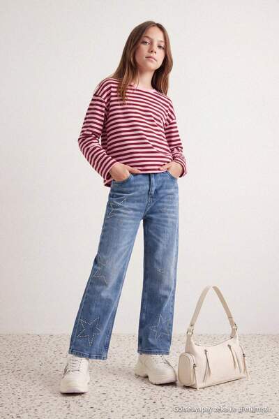 TRENDYOLKIDS Medium Blue Girls' Wide Leg Basic Jean Tkdaw27Je00002
