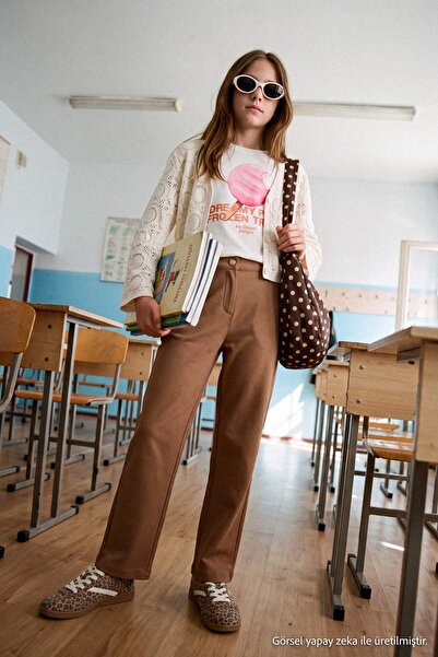 TRENDYOLKIDS Beige Girls' Plain Woven Trousers Tkdaw27Pl00004