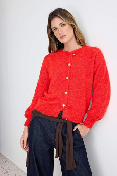 Trendyol Collection Red Boucle Basic Crew Neck Textured Knitwear Cardigan Two...