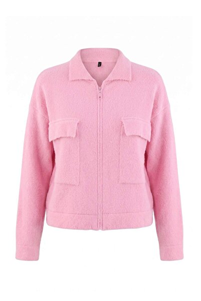 Trendyol Collection Pink Polo Collar Coatigan Pocketed Knitwear Cardigan Twoa...