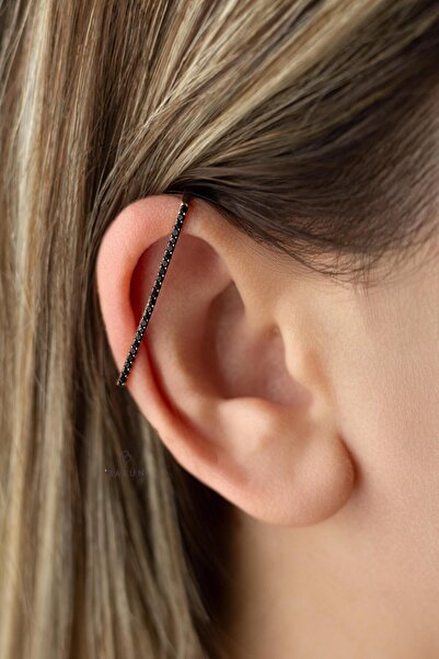 BY BARUN SİLVER Kıkırdak Earcuff 925 Ayar Zirkon Taşlı Siyah Rose Pembe Sıkış...