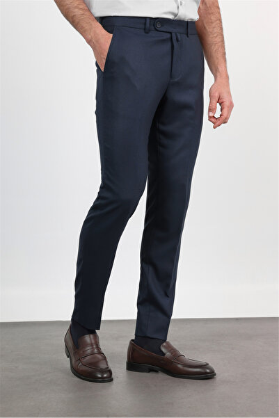 İmza Navy Blue Side Pocket Open Leg Cloth Footed Pants Slim Fit Stretchy Trou...