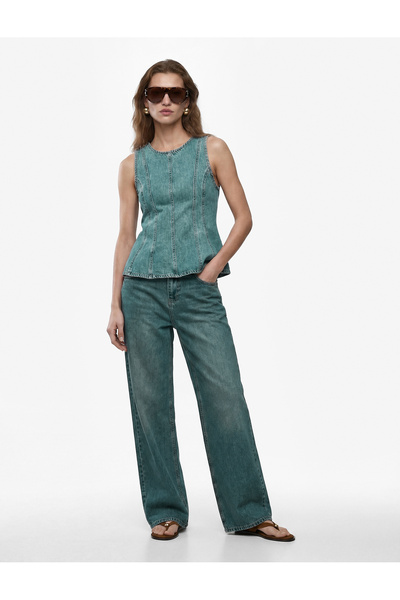 Koton Cotton Crew Neck Zipper Ribbed Sleeveless Denim Blouse