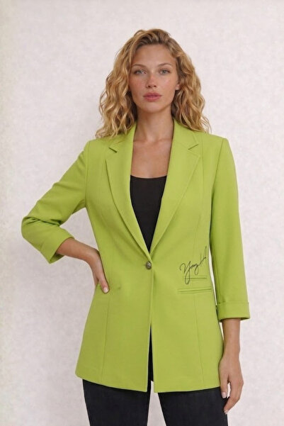 WHİTE DİAMOND Cebi Baskılı Düğmeli Fıstık Yeşili Blazer Ceket