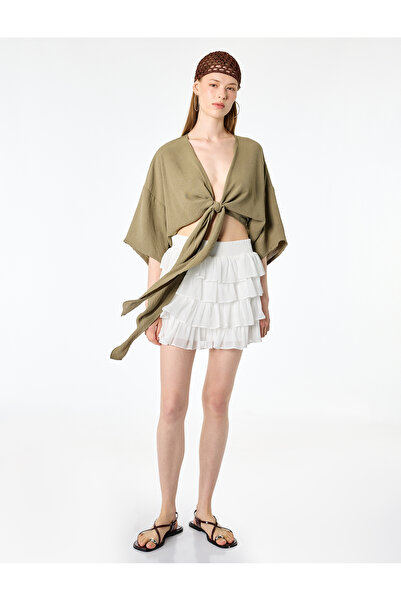 Koton Short Sleeve Double Breasted Collar Tie Crop Oversize Kimono