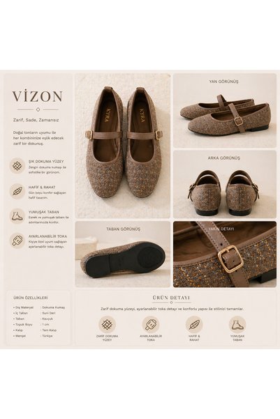 Arzu Butik Women's Mink Tweed Fabric Buckle-Strapped Ballerinas Stylish Lightweight Comfortable Daily Wear