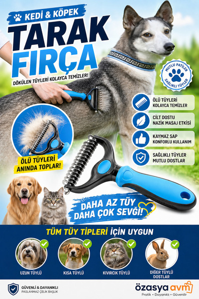 Özasya AVM Plastik Saplı Metal Kedi Köpek Bakım Kıtık Tüy Topak Açıcı Tarak {...
