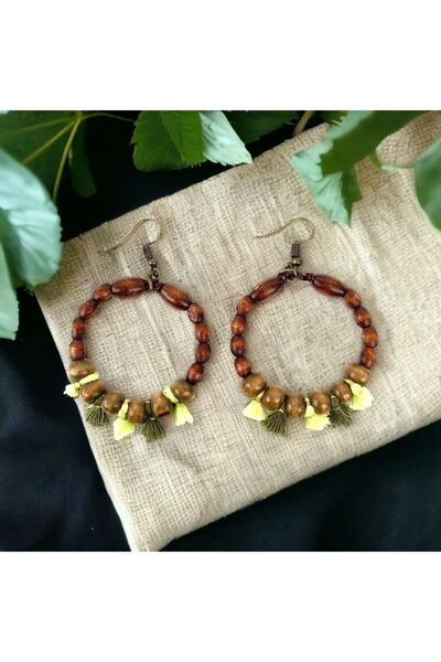 LeylanTakı Women's Wooden Bohemian Tassel Hoop Coffee Handmade Earrings Bijouterie Trend Stylish Gift