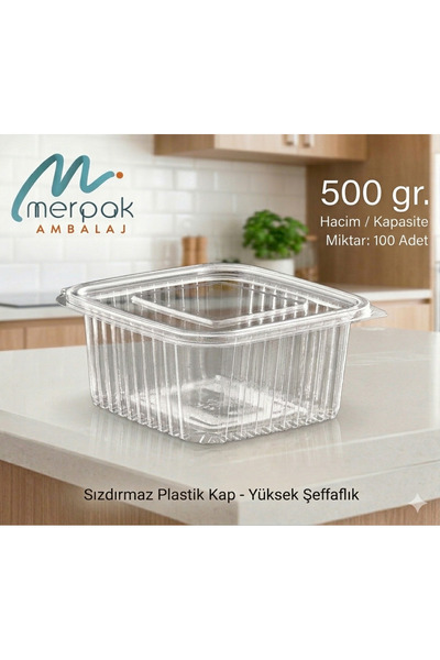 Merpak Ambalaj Plastik Saklama Kabı 500 gr 100'lü Kapaklı Sızdırmaz Kap Şeffaf Kullan At Kase