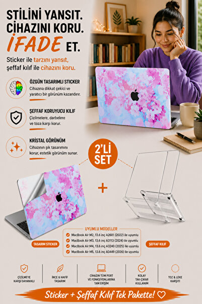 Mcstorey Macbook Air M2-m3-m4 Kılıf 13.6inç Flower03 Yapıştırma Sticker Kapla...