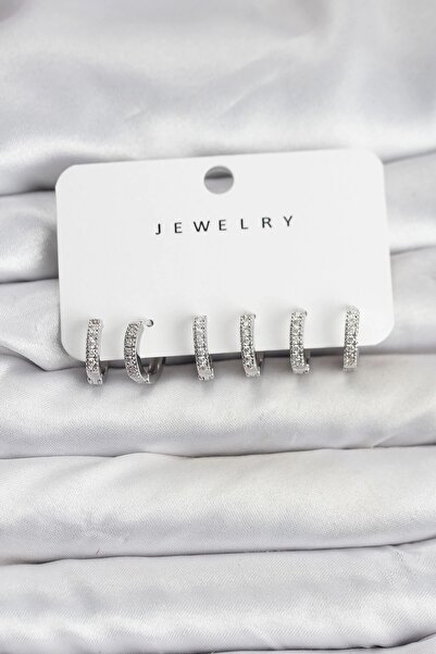 TakÇalıştır Silver Color Brass Zircon Stone Hoop Women's Earring Set