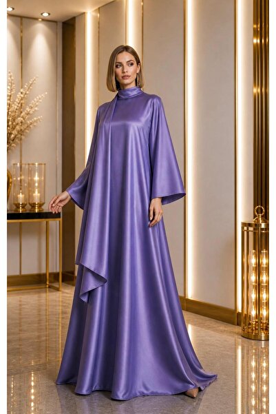 UNTIMELY Sarkıt Şal Detaylı & Geniş Kollu A-Kesim Maxi Saten Abaya Elbise