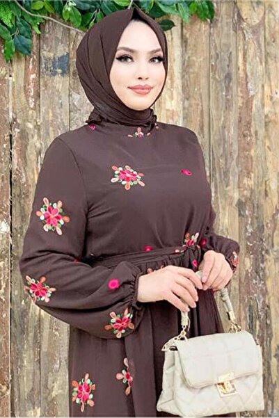 TRENDTESETTÜR KADIN KAHVE ÇİÇEK NAKIŞLI ELBİSE 0463