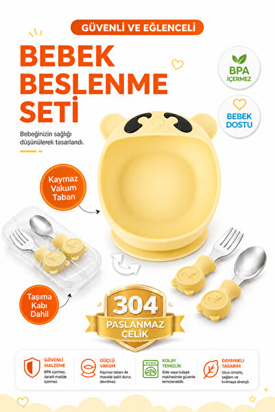 jojobebek Sarı Premium Çocuk Vakumlu Silikon Beslenme Mama Kase, Paslanmaz Çe...