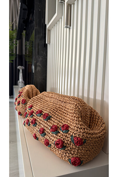 WOMANBAG EL YAPIMI HASIR RAFYA GÜL İŞLEMELİ EL ÇANTASI CLUTCH (40x22cm)