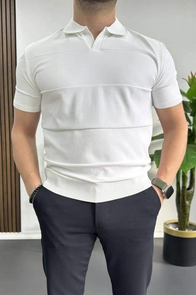 Edwox Tricou pentru bărbați cu decolteu deschis, alb, Edw237