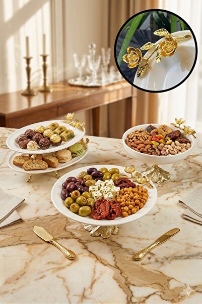 La Micellar Rocher 4 Parça Firuze Porselen Metal Ayaklı Sunum Servis Seti &Ta...