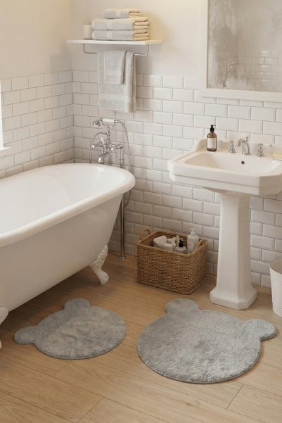 Halispecial Teddy Bear 2-Piece Plush Bath Mat Set 50X50+75X75 cm Non-Slip Latex Base, Soft Surface, Washable