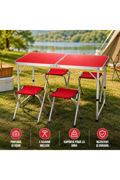 EMATTEIRO Set Camping Masă Pliabilă Tip Valiză 120x60x70 cm și 4 Scaune, Înăl...