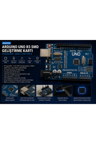 Arduino UNO R3 SMD ATmega328P CH340G (Header + USB Kablo Dahil)