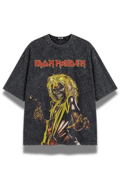 Fuddy Moda Oversize Horror Yellow Iron Maiden Printed Washable T-Shirt, Unise...