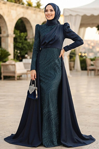 Neva Style Kuyruklu Lacivert Saten Tesettür Abiye 22924L