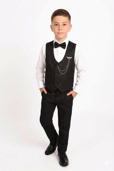 Entel Boy's Tuxedo Suit 6-Button Vest with Bow Tie and Chain