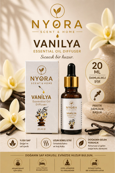 NYORA Vanilya 20 ml Damlalıklı Difizör ve Buhurdanlık Esansiyel Yağ