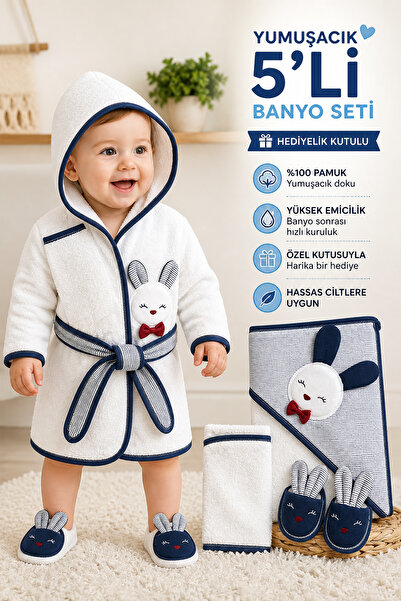 Sitilin Erkek Bebek Lacivert Tavşanlı Havlu Bornoz Takımı Set 0-2 Yaş ST1020
