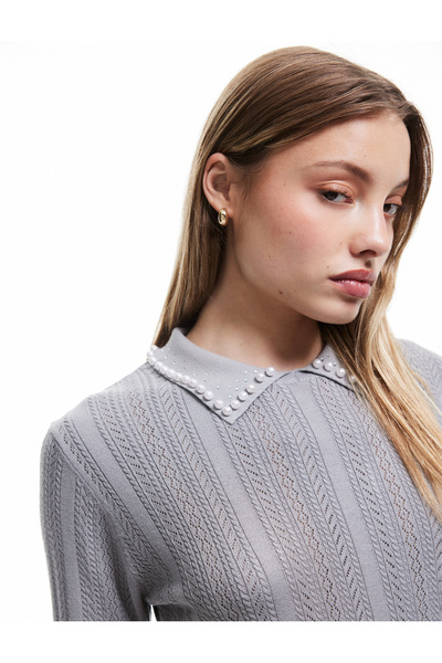 Koton Pulover din tricot din viscoză cu mânecă scurtă, cu gât polo, cu perle