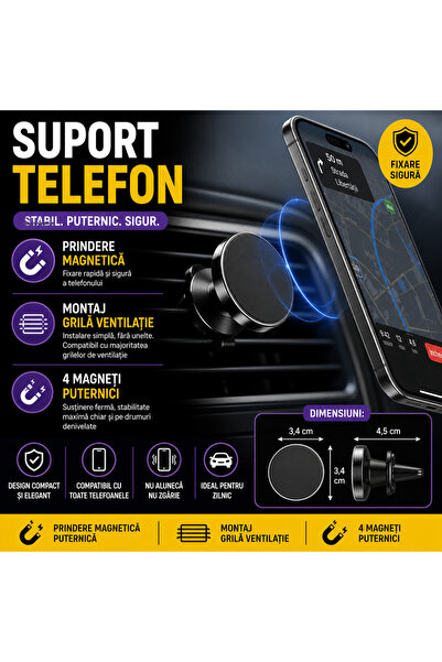 SMARTECH Suport magnetic pentru telefon auto, reglabil 90°, montare pentru gu...