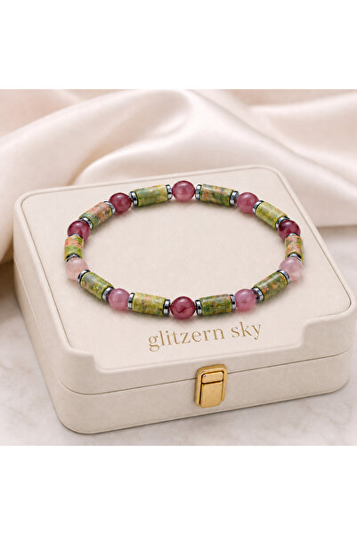 nss sky rock Cylinder Unakite Strawberry Quartz Hematite Natural Stone Bracel...
