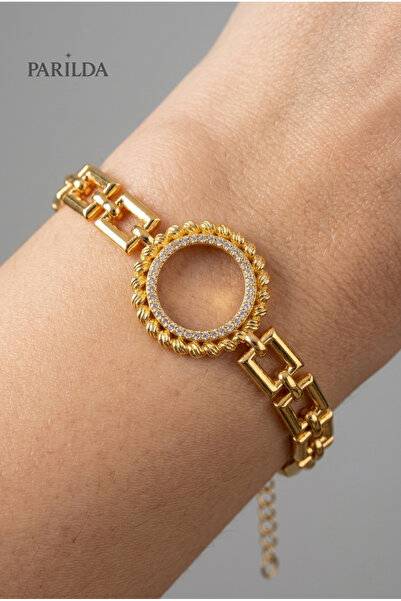 Parılda Premium Altın Kaplama Kareli Parıltı Model Dorikalı Çeyrekli Bileklik