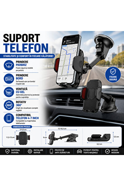 SMARTECH Suport auto pentru telefon, reglabil, rotație 360°, compatibil cu sm...