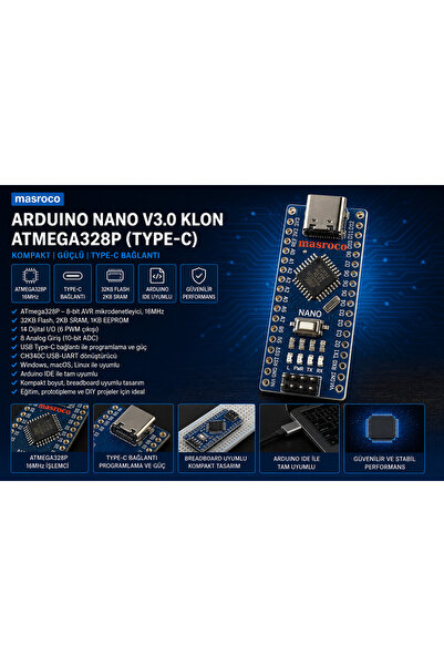 Arduino Nano v3.0 Klon– ATmega328P Type-C (Header + USB Kablo Dahil)