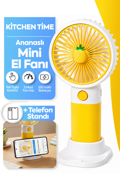 Kitchen Time Ananas Tasarım 3 Kademeli Sessiz Mini El Masa Fan Vantilatör Tur...