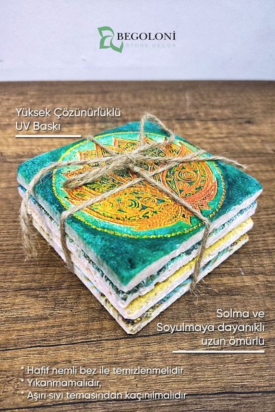Begoloni Stone Decor Natural Stone Coasters Set of 4 - 10x10cm Green Plants Printed Coasters - Stone Coasters