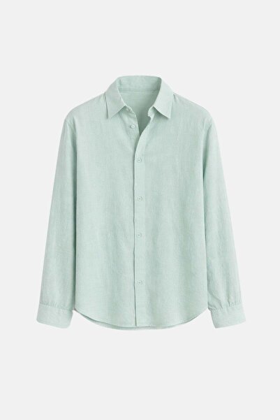 VAMOSCLO Basic Keten Oversize Gömlek Su Yesılı