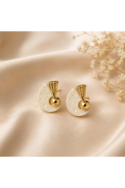 Selay Accessory Vintage Patterned Stone Detailed Gold White Earrings Steel