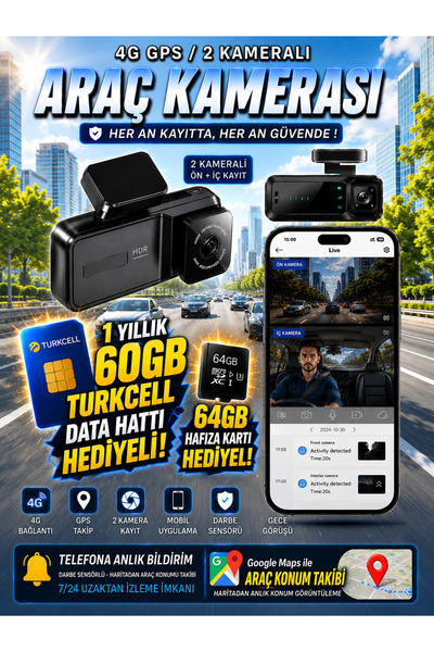 Onkar Bilişim 1 Yıl 60 GB Turkcell + 64 GB Hafıza Kartlı 2 KAMERALI 4G SİM KA...