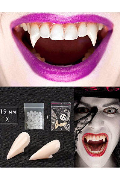 KURBE 19MM Vampir Dişleri A1 Diş Rengi Gerçek Reçine Protez Vampir Diş 2 Gram...