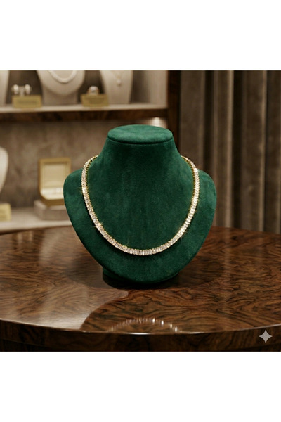 Butik Lüks Baget Kesim Gold & Gümüş renk Kristal Taşlı Su Yolu Kolye