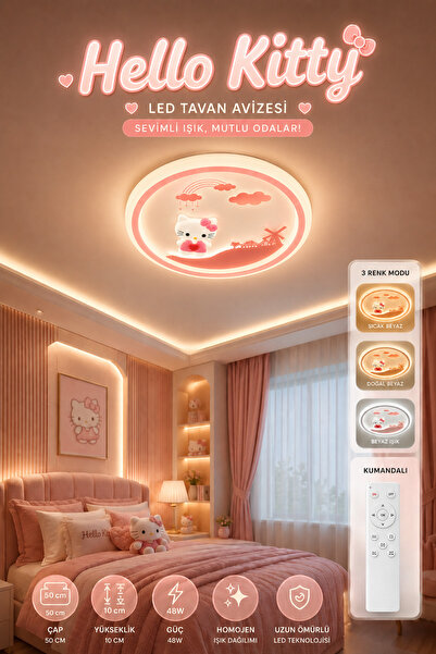 Elvora Home Kumandalı 3 Renk Hello Kitty Desen LEDli Plafonyer Tavan Avizesi ...