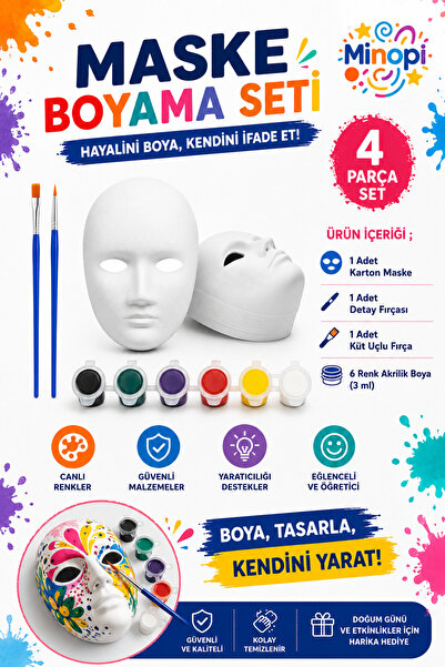 Minopi 1 Adet Karton Maske , 6 Renk Akrilik Boya , Resim Fırçası , Resim Pale...