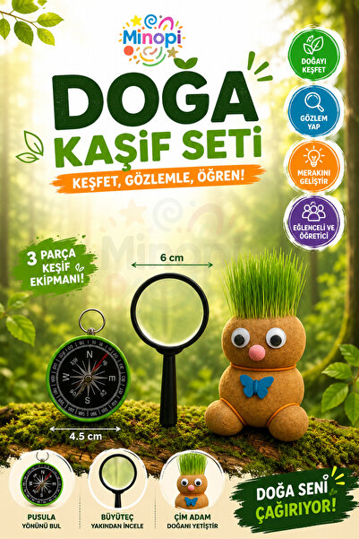 Minopi Eğitici Doğa Kaşifleri Seti 3'lü Set Pusula Anahtarlık Çim Adam 60 mm ...