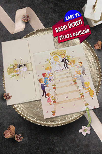 Cem Davetiye Düğün Nişan Nikah Kına Davetiyesi 3219 (100 ADET) Baskı Dahil